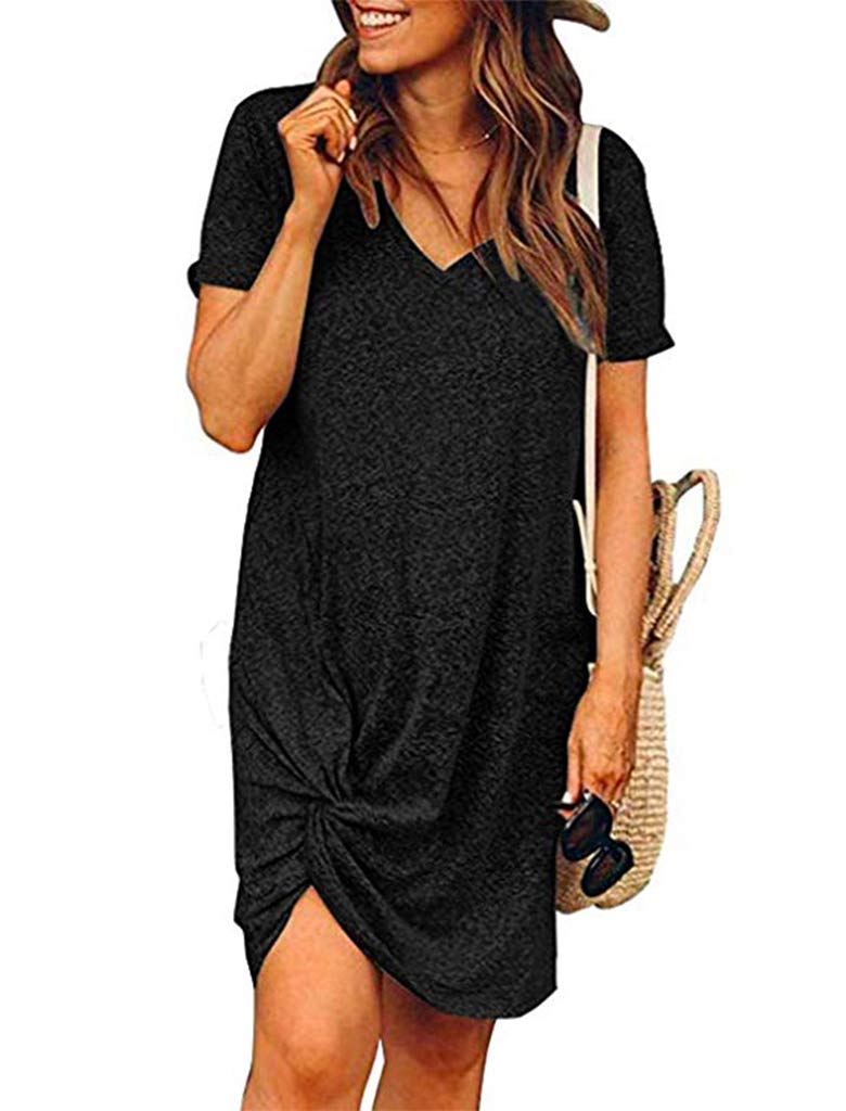 Locryz Short Sleeve Dresses for Women Summer V Neck Twist Knot Casual T Shirt Dress S Black - Image 3